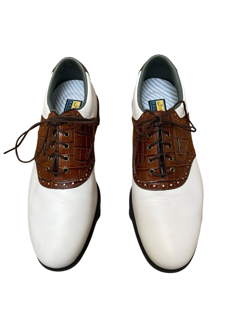 FootJoy DryJoys Golf Shoes Mens 9.5 W White Brown Croc Leather Spiked
